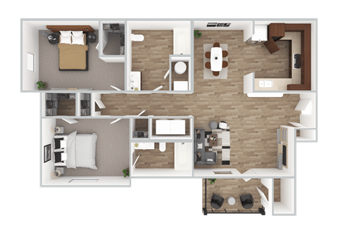 Floor plan for 2 beds, 2 baths, 1019 sqft